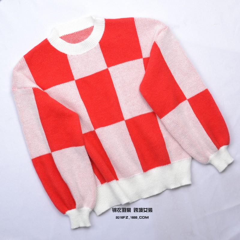 Womens Crew Neck Knit Sweater With Plaid Slim Fit Long Sleeve Pullover Office College Style