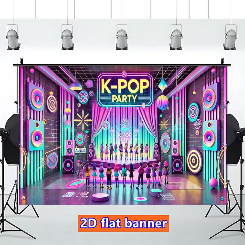 Фон для фотобудки K-POP вечеринки, Розово-бирюзовый неоновый баннер-сцена для музыкальных тематических вечеров