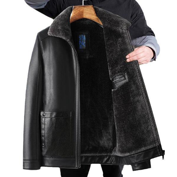 Мужская дубленка из овчины с отложным воротником - Толстая, большого размера, повседневная одежда для папы