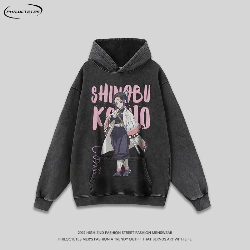 Unisex Oversized Cartoon Anime Print Washed Vintage Hoodie Cotton Long Sleeve Loose Fit Streetwear