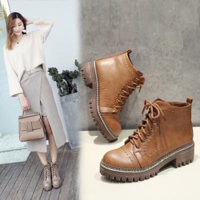 2017 Весна и Осень Мартин ботинки ретро одинарные ботинки на шнуровке низкий каблук квадратный корень короткие ботинки самопродажа