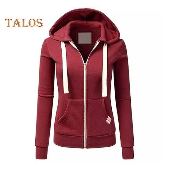 Fall Winter Women Jacket Drawstring Hooded Zip-up Long Sleeves Pure Color Slim Fit Elastic Cuff Cardigan Pockets Sport Fitness Coat