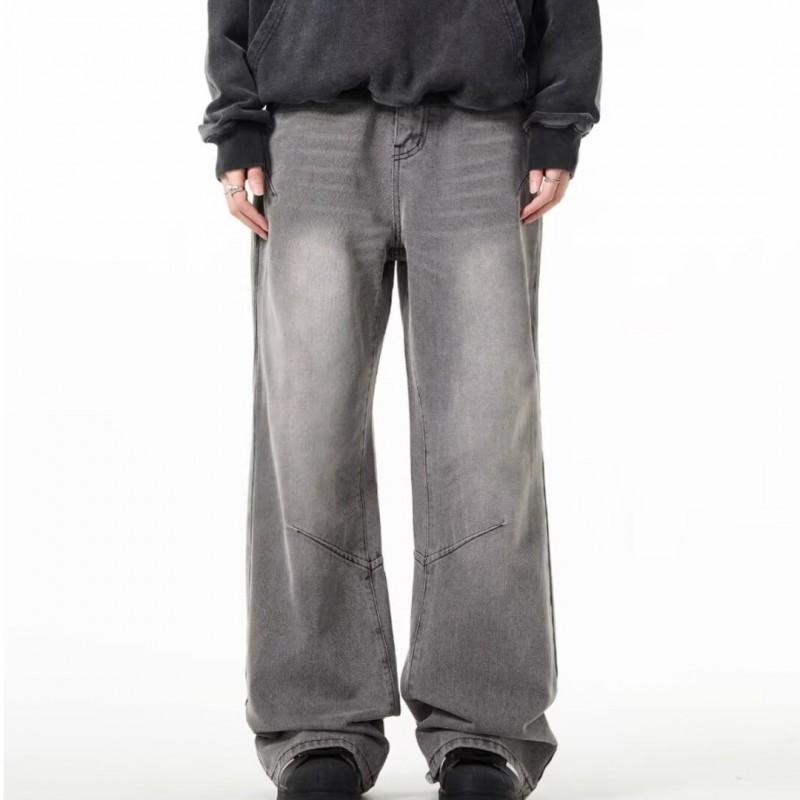 Stonewashed Grey Wide Leg Jeans Teens Men Slim Fit Stretch Denim Pants Casual Streetwear