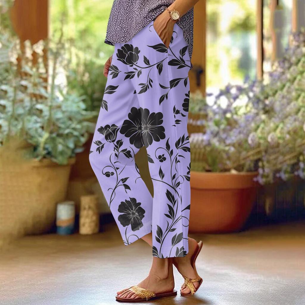 Women's Fashionable Floral Print Straight Leg Pocket Elastic Waist Casual Pants Pants