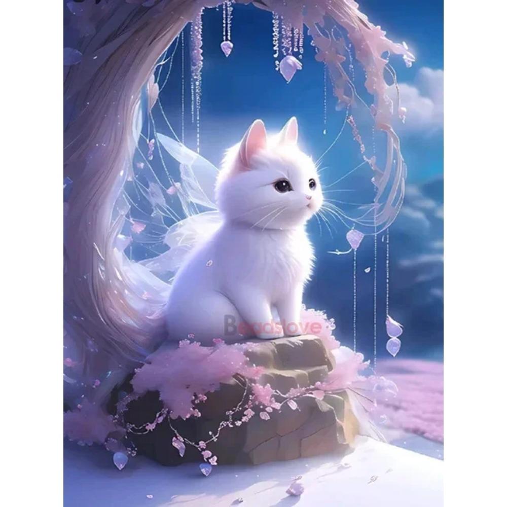 Алмазная картина, полная дрель, милый белый кот, квадратная круглая алмазная живопись, ручная работа, цветочный пейзаж, сделай сам, алмазная мозаика, картина, украшение дома