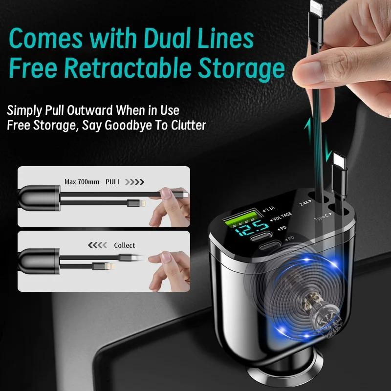 Автомобильное зарядное устройство 5-в-1 мощностью 150 Вт с выдвижной конструкцией и цифровым дисплеем