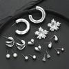 18pcs Bohemian Heart Floral Earring Sets for Women Silver Color Faux Pearl Zircon Geometric C Shape Earrings Daily Wear Jewelry