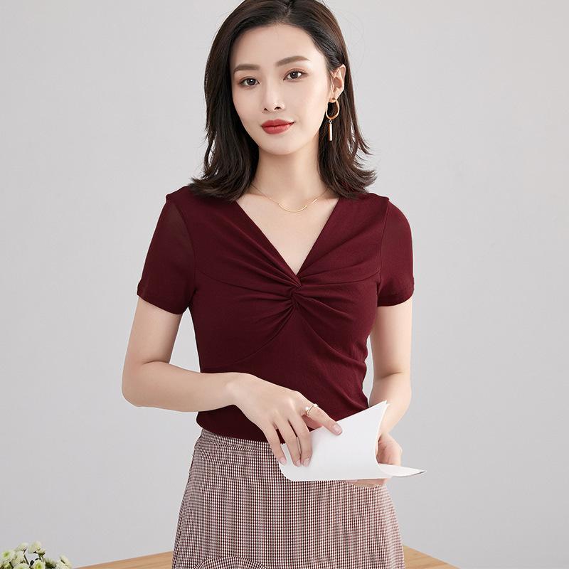 Spring Korean Style Women's Fashion V-neck Mesh Short-sleeved T-shirt Women's Ins Trendy Shirt