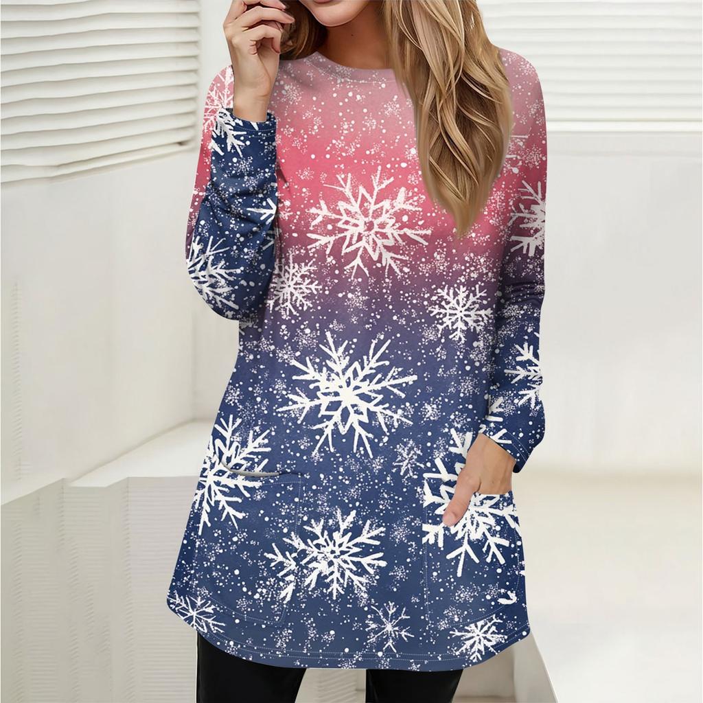 Женская толстовка, пуловер, спортивная одежда, карман, рождественский принт, повседневный топ с круглым вырезом и длинными рукавами