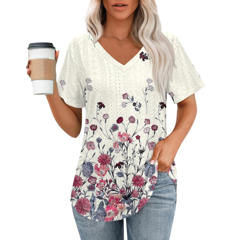 Womens T Shirts V Neck Short Sleeve Casual Tops Loose Fit Basic Tees With Curved Hem