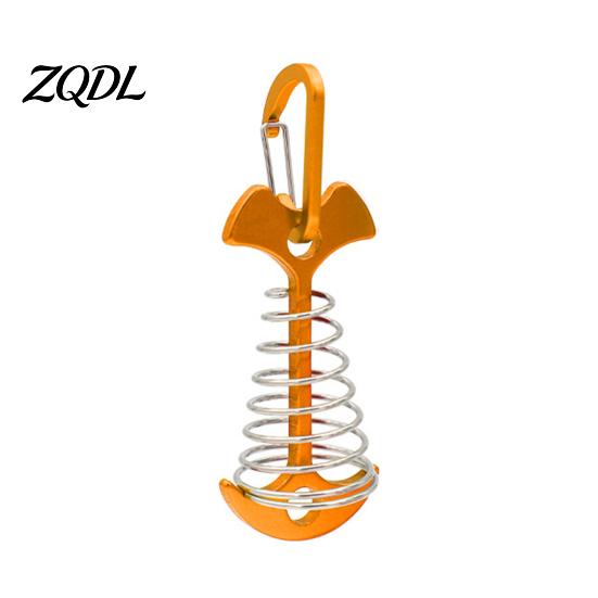 Tent Peg with Carabiner Spring-Loaded Fish Bone Peg, Aluminum Deck Stake Windproof Rope Buckle Carabiner, for Outdoor Camping Fixing