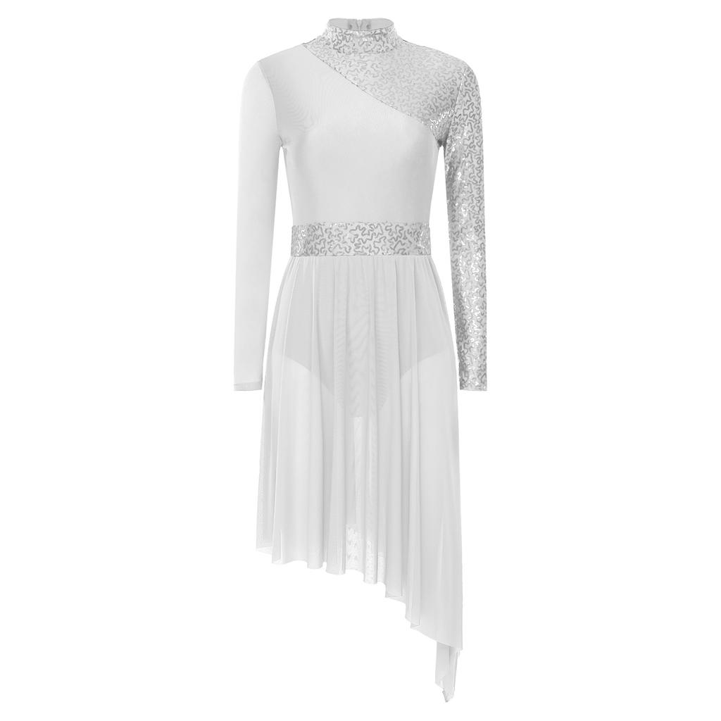 Женское блестящее платье для танцев с пайетками, с воротником-стойкой, длинным рукавом и неровным подолом, сценическое платье