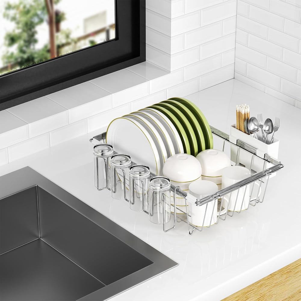 RCHYFEED Extendable Dish Drying Rack, Silver