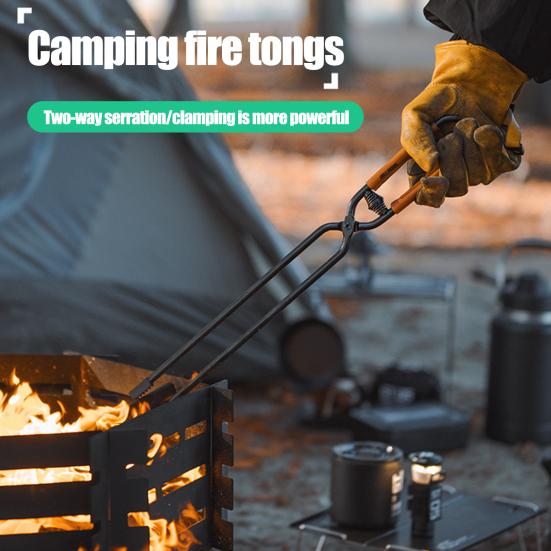 Outdoor Fireplace Tong with Faux Leather Handle Cover Carbon Steel Rustproof Heat Resistant Camping Campfire Firewood Log Grabber Clamp Tool
