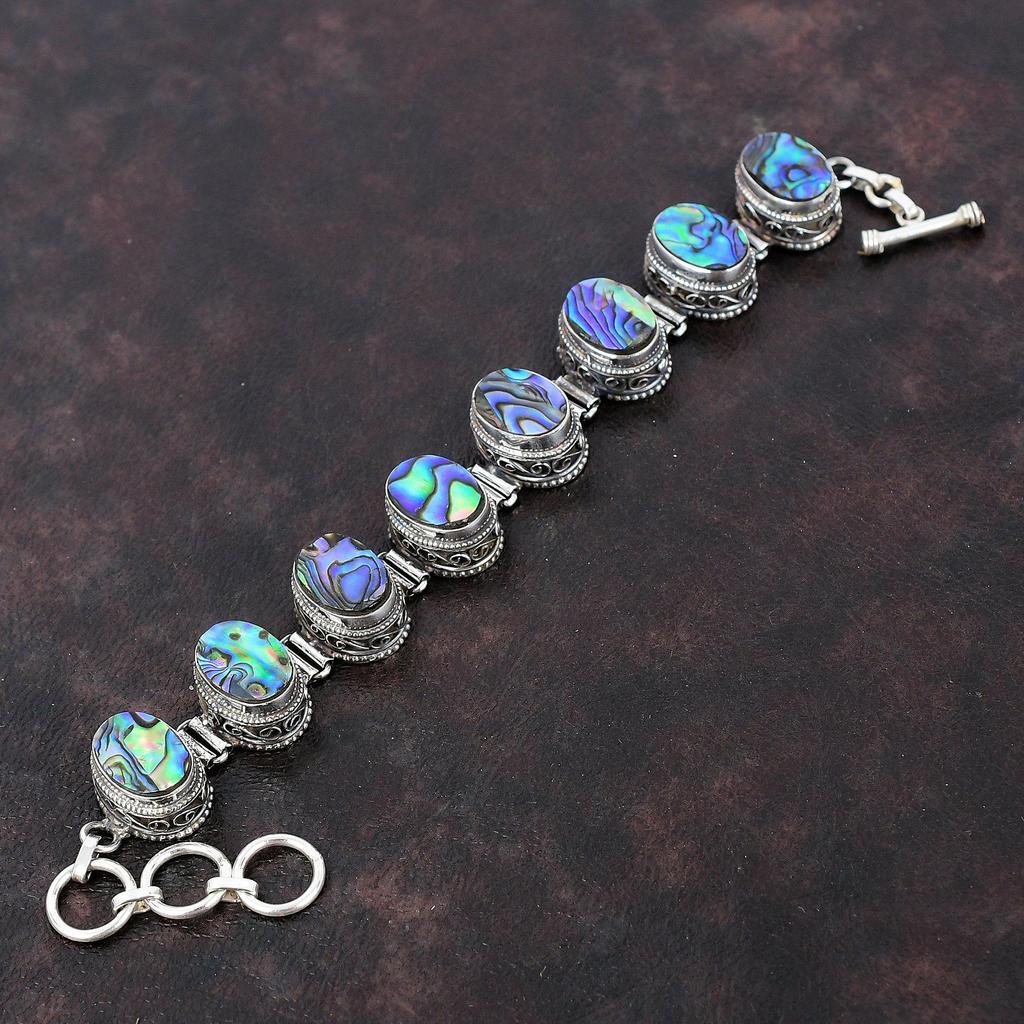 Браслет из ракушки морского ушка Ювелирные изделия ручной работы из драгоценных камней Браслет из стерлингового серебра 925 пробы Регулируемый браслет-цепочка Подарок для мамы Изящный винтажный браслет