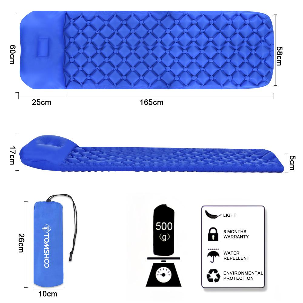 TOMSHOO Спальный коврик для кемпинга с подушкой Сверхлегкий надувной спальный коврик надувной матрас для