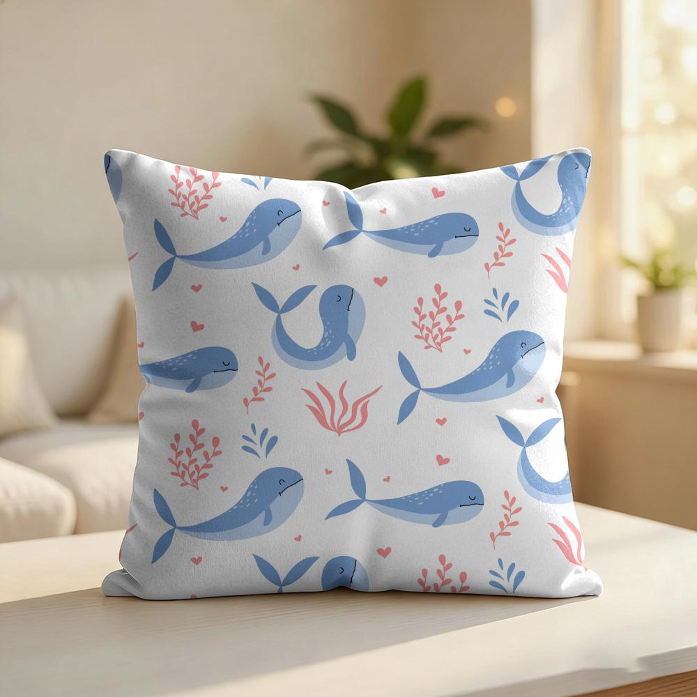 Blue Whales Pattern Cushion Cover Silky Short Plush Invisible Zipper Dustproof Sofa Pillow Case For Home Decor