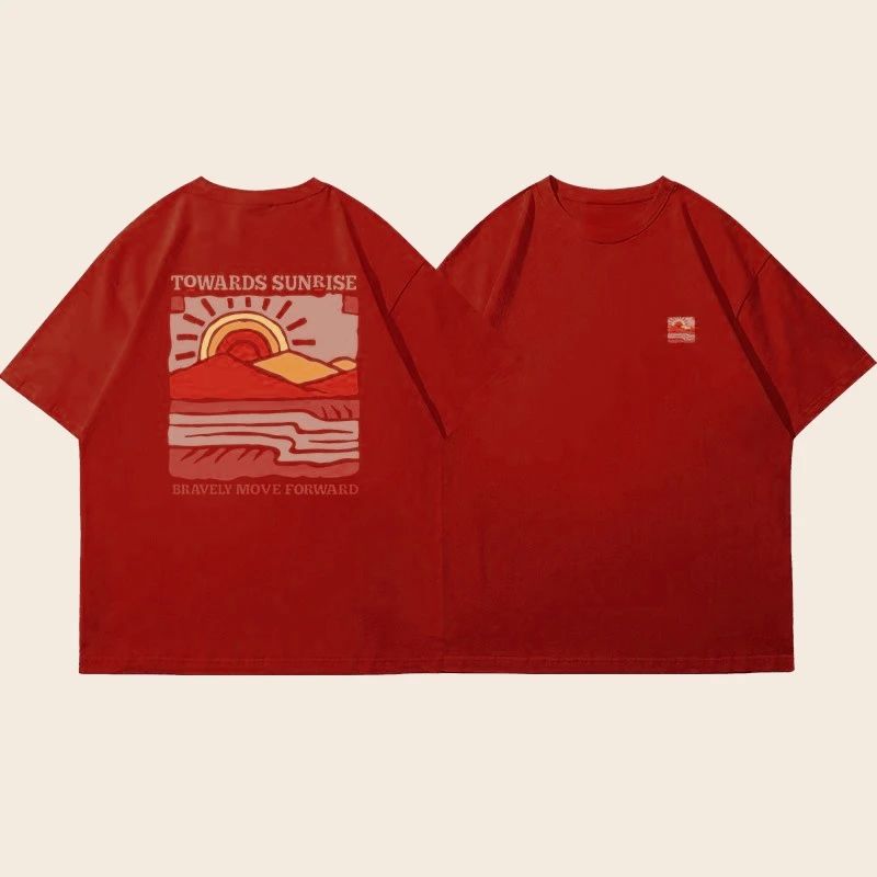 New American Retro Sun Mountain Sea and Sunrise Short-sleeved T-shirt with A Trendy and High-end Look Tops High Street Unisex