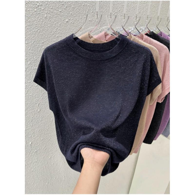 Женская летняя тонкая свободная футболка с круглым вырезом, однотонный трикотажный топ