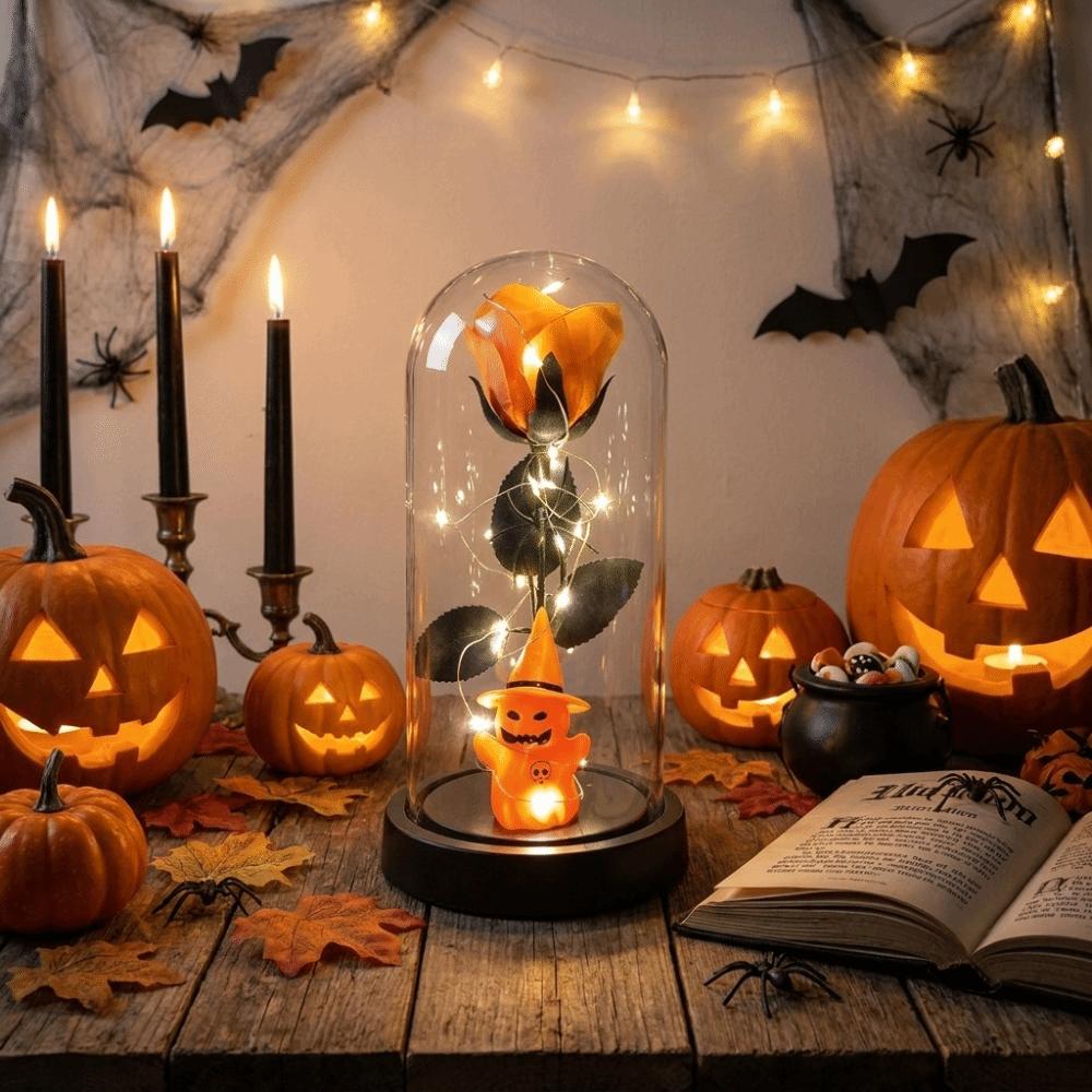 Transparent Cover Artificial Rose Night Light Realistic Ghost Rose Ornament Halloween