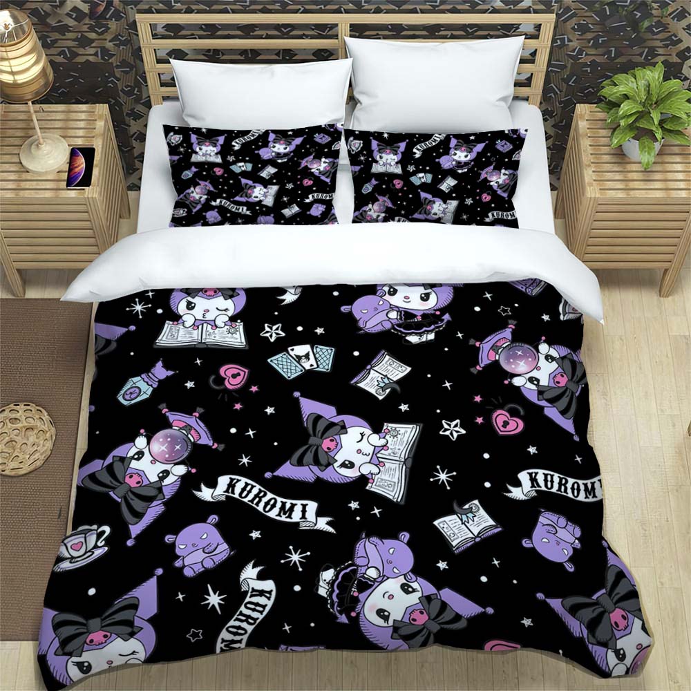New Kuromi-themed Three-piece Bedding Set, Including Duvet Cover and Pillowcases, But Without Filling. A Great Holiday Gift.