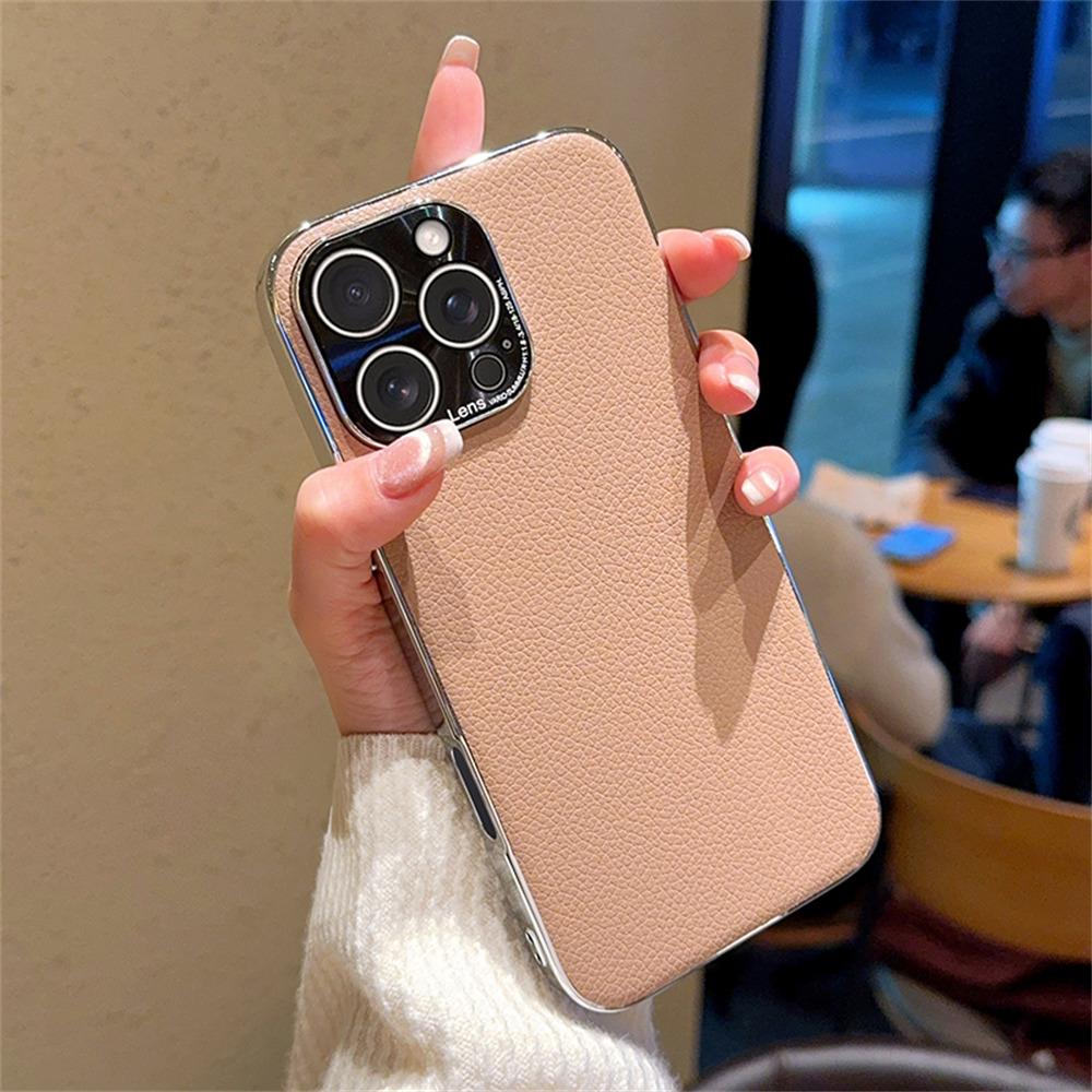 For iPhone 16 Pro Max Case Electroplating Edge Litchi Texture Leather+PC Phone Cover