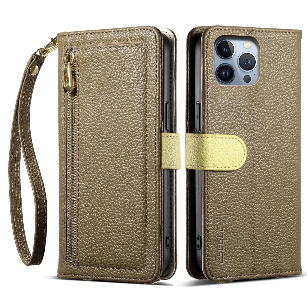ESEBLE E11 For iPhone 14 Pro Case Zipper Pocket Litchi Texture Leather Phone Cover with Mirror and Wrist Strap