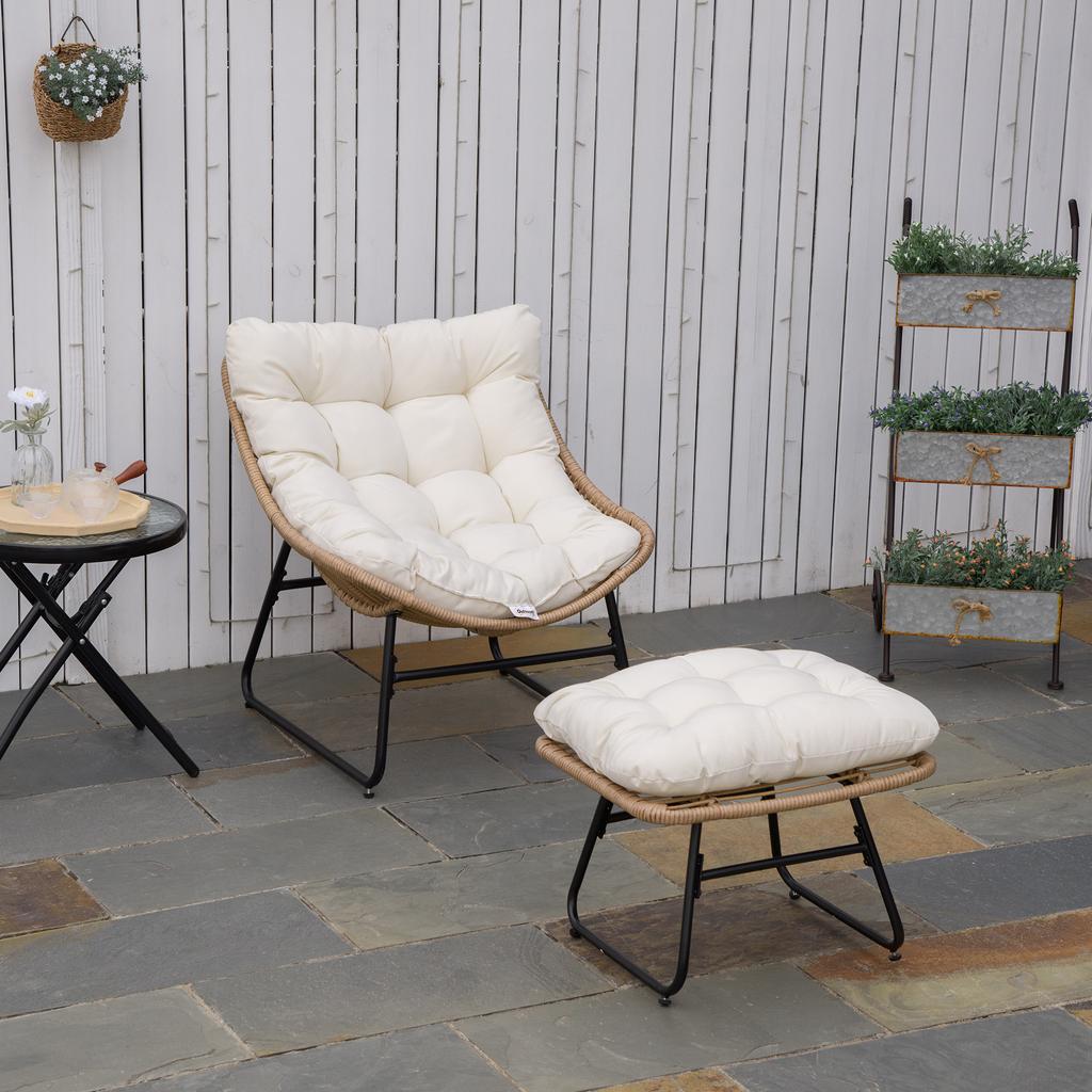 Garden Chair/Armchair with Footrest in Epoxy-Coated Metal and Rattan-Look Woven Resin with Cushions