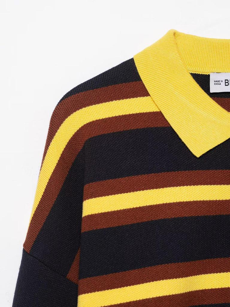 2025 European Autumn Women's Yellow Striped Lapel Knitwear