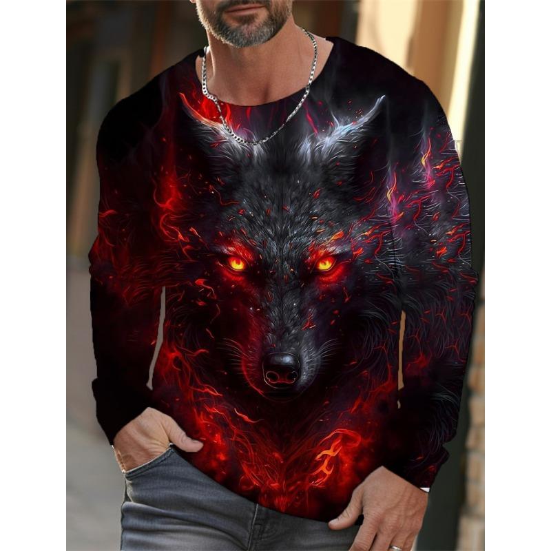 Футболка с длинным рукавом с рисунком волка для мужчин, повседневная футболка с принтом животных в стиле 3D, уличная одежда