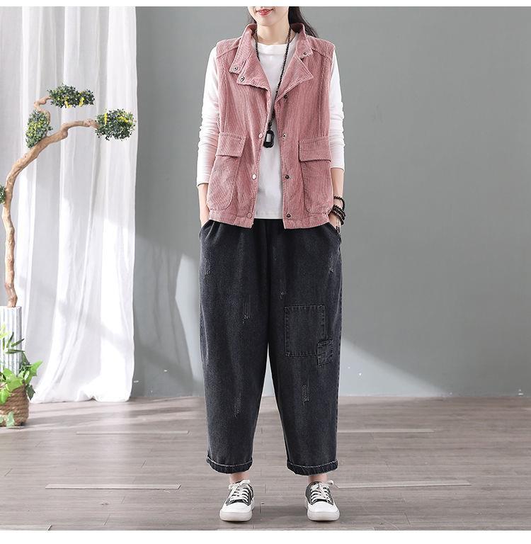 Women's Cardigan Vest Double Corduroy Cardigan Vest Jacket Autumn Winter Lapel Vest Top Vintage
