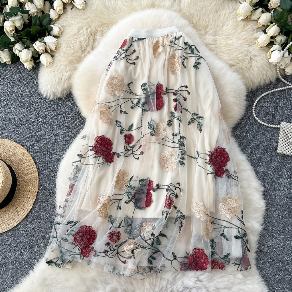 Summer Women Elegant Mesh Embroidery Flower Long Midi Tulle Skirt