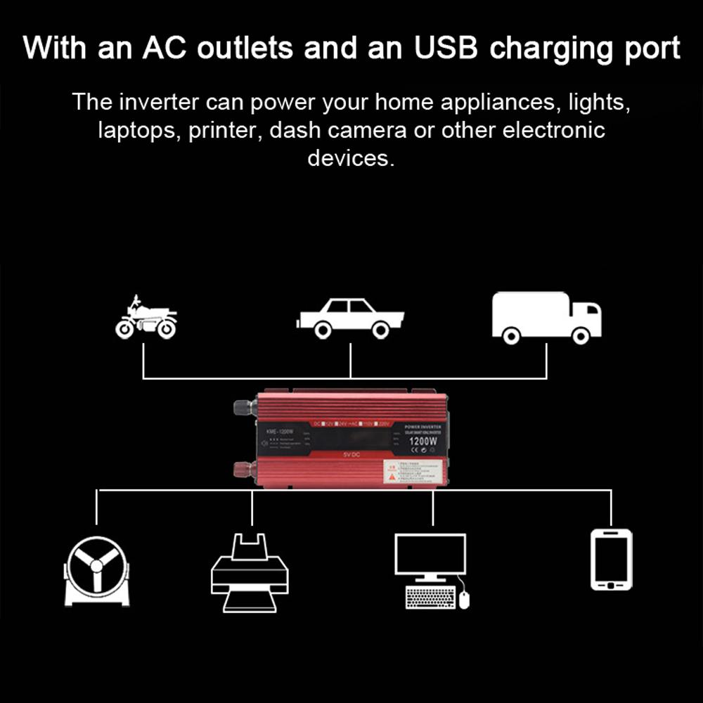 Автомобильный инвертор мощностью 1200 Вт, преобразователь переменного тока с 12 В до 220 В, солнечный инвертор с ЖК-дисплеем, цифровой модифицированный синусоидальный сигнал