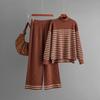 Fall Winter Lazy Wind Loose High Collar Pulllover Sweater Suit Women's Stripe Long Sleeve Knit Wide Leg Pants Two Piece Set