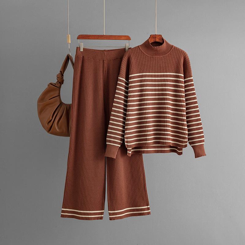 Fall Winter Lazy Wind Loose High Collar Pulllover Sweater Suit Women's Stripe Long Sleeve Knit Wide Leg Pants Two Piece Set