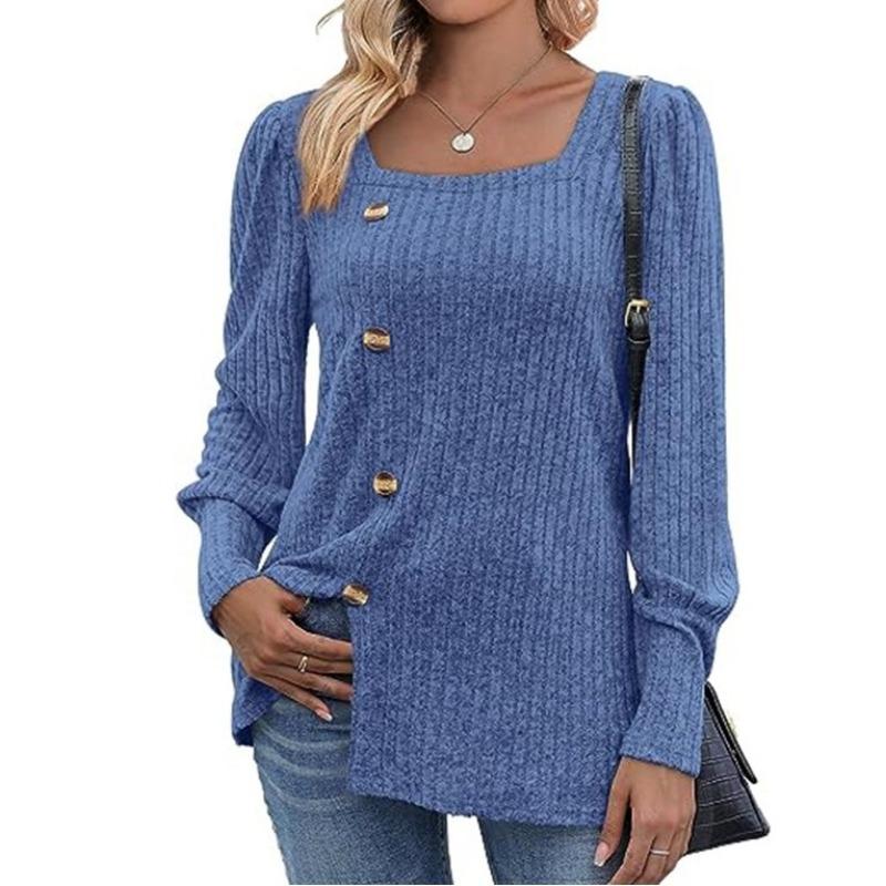 Autumn and Winter Women's Blouse Knitwear with Buckle Square Neck Solid Color Long Sleeve Tops