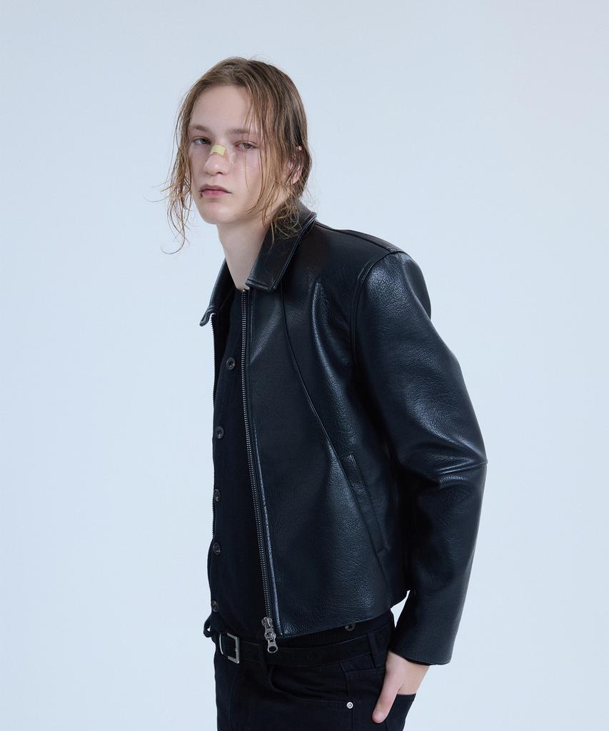 NOISE Grain Crop Leather Jacket_[Black]