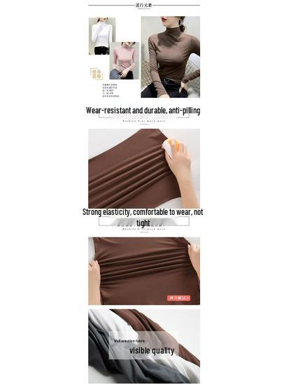 Women's Slim Fit Long Sleeve T-shirt, Double Plush, Mid-High Neck, Thickened for Autumn/Winter Warmth