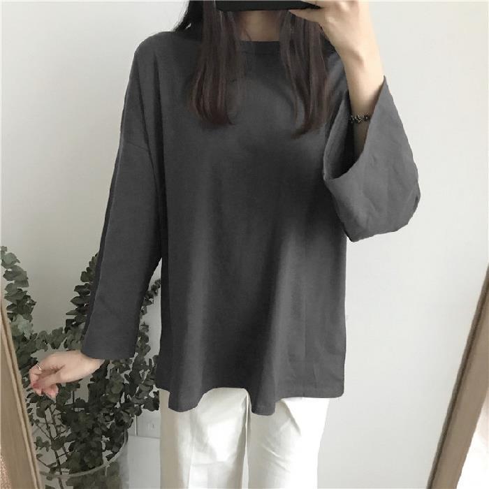 2025 Осень Женский свободный крой с длинными рукавами, однотонный, сладкий базовый топ