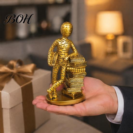 Light Luxury Decorative Figures Resin Book Lover Statue, Reader Sculpture Leaning on Stacked Book, Durable Craft for Home Decoration Abstract