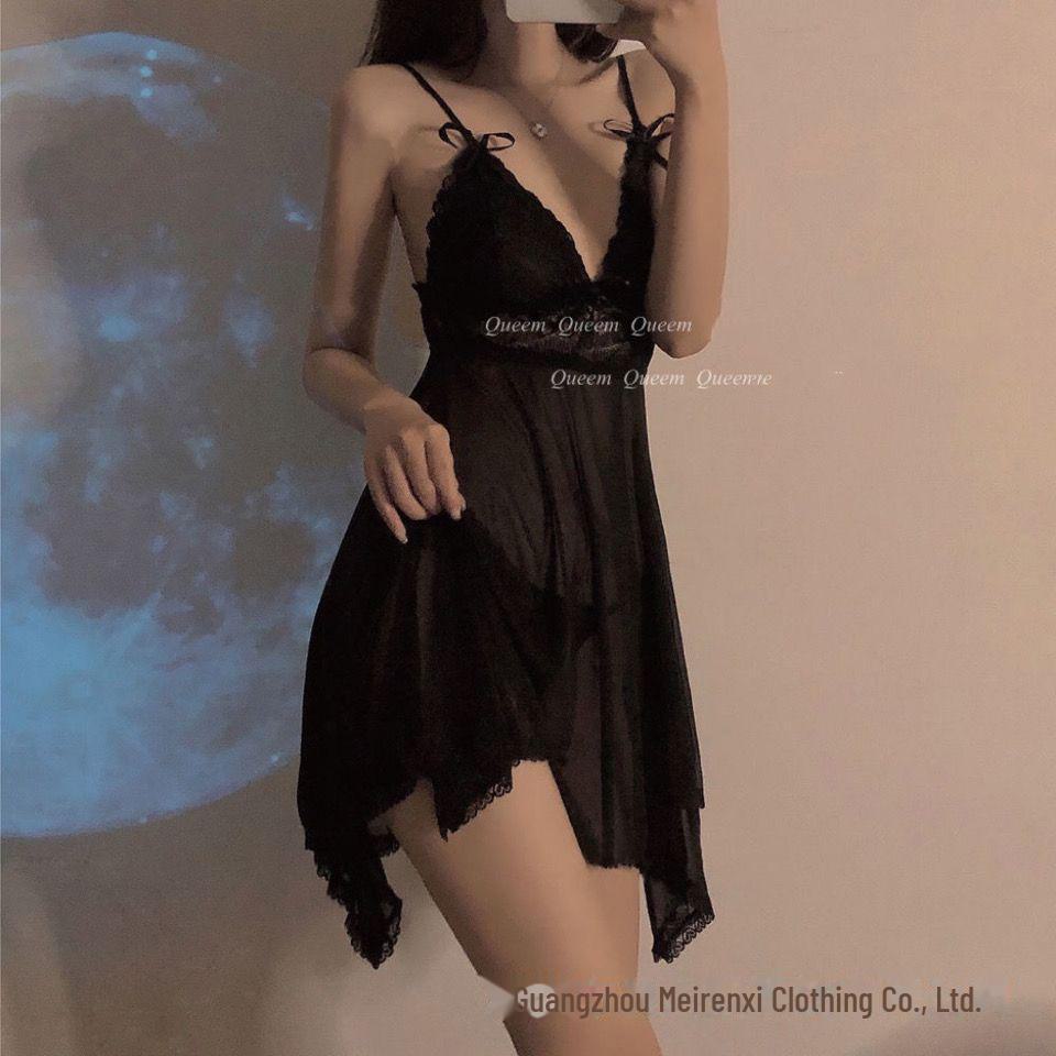 Ximufen Black Lace Backless Sexy Nightdress - Women's Split-Sling Passion Pajamas