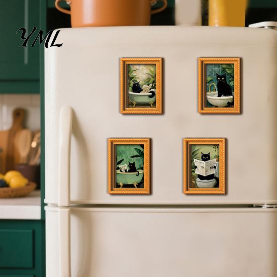 Rustic Home Autumn Accents Black Cat Wooden Refrigerator Magnet, Halloween Theme Decorative Miniature Art Wall Magnets Magnetic Decal, for Kitchen