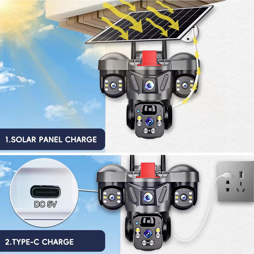 QL21 Triple-Lens 360° Wireless Solar PTZ Camera with Three Screens and WiFi/4G Monitoring