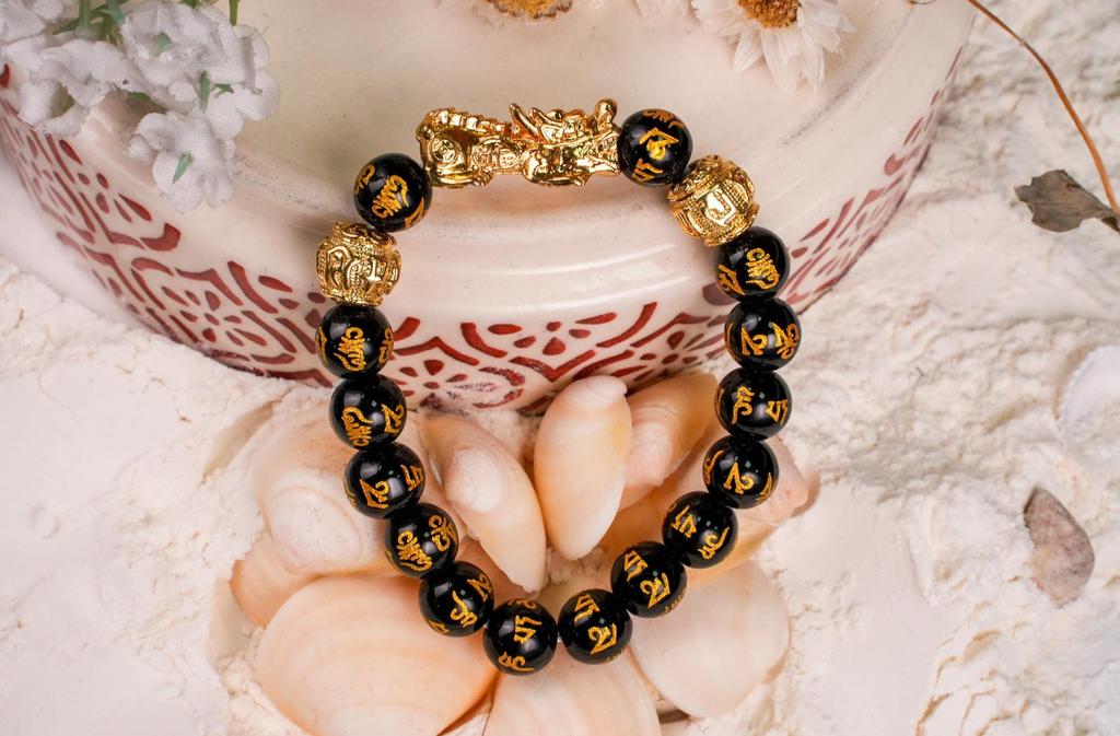 Black Beaded Bracelet with Gold Dragon Charm  Wealth & Protection Feng Shui Jewelry| Spiritual Protection Bracelet| Powerful Feng Shui Gift for Men