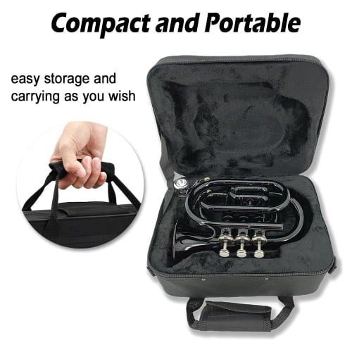 Yinfente Bb Flat Pocket Trumpet for Beginners, Includes Student Cleaning Cloth, Silver-Plated 7C Mouthpiece, Hard Case, and White Glove (Black)