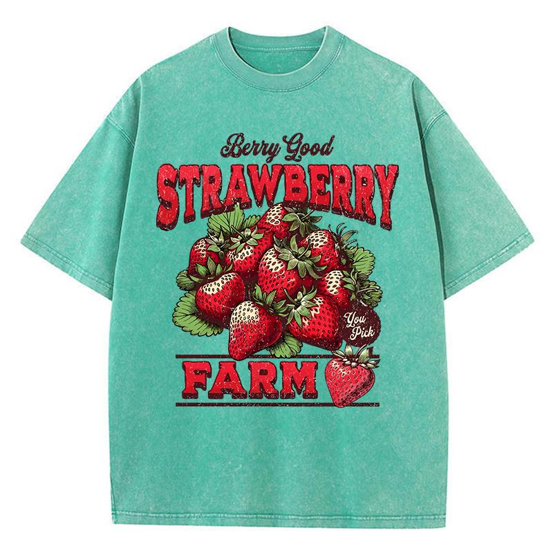 Cotton Womans Acid Wash TShirts Strawberry Farm Retro Prints Tees Comfortable Crewneck Oversized Tops Fashion Female Clothes