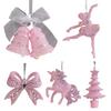Pink Glitter Christmas Ornaments Acrylic Bow/Bell/Tree/Ballerina Hanging Decorations for Xmas Tree Holiday Party Decor