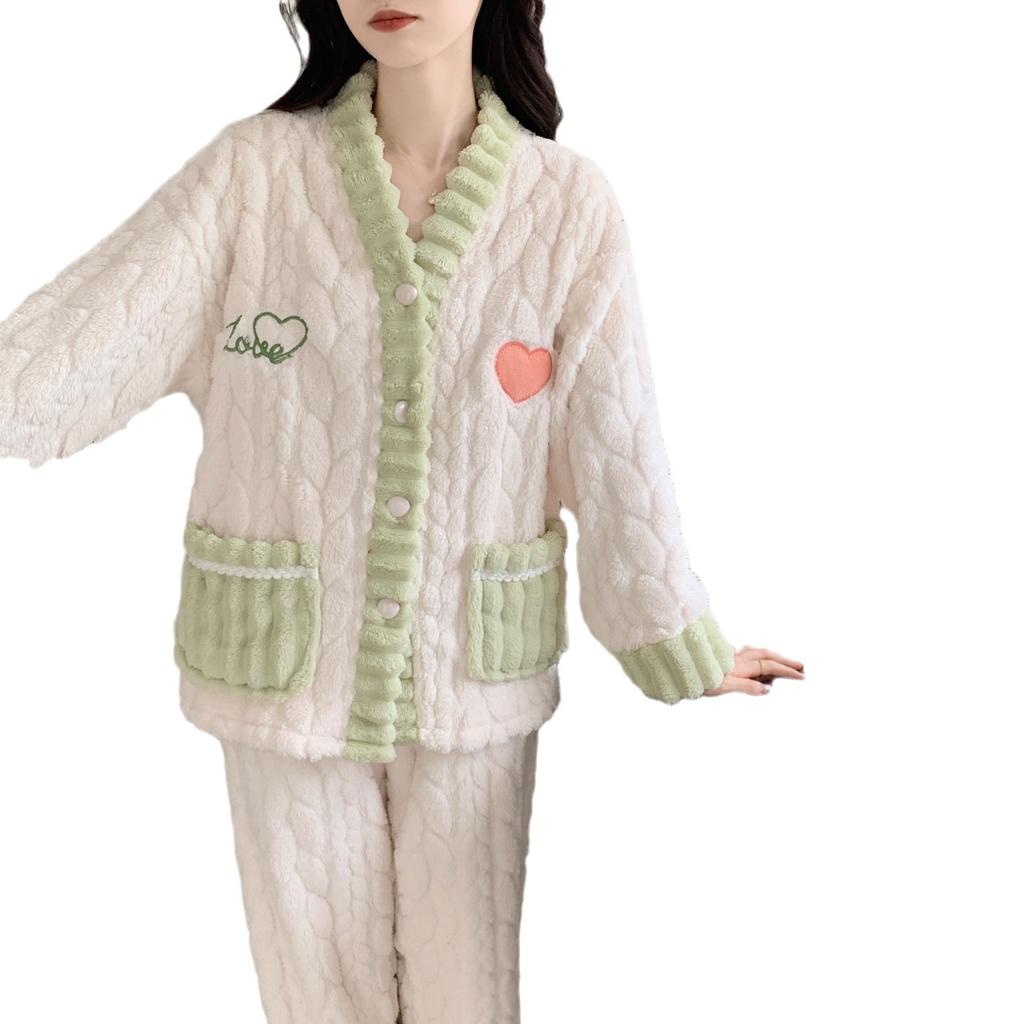 Coral Velvet Pajama Women's New Winter Fleece Thickened Warm Sweet Flannel Can Be Worn Outside The Home Suit