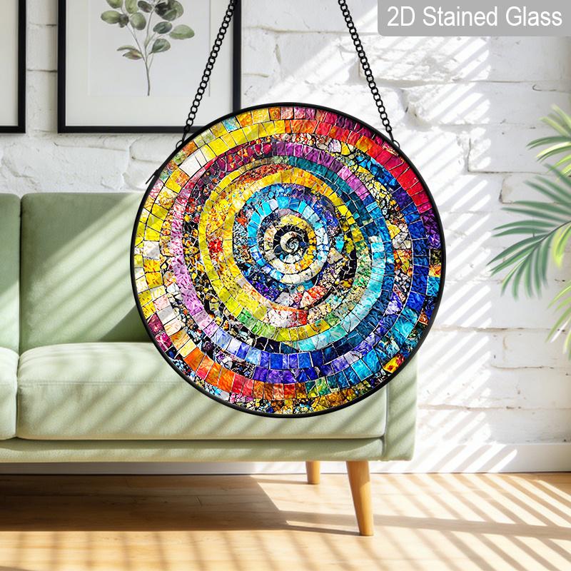 2D Flat Stained Glass Rainbow Spiral Window Decoration, 6.3/7.87inches Colored Glass Plate with Chain, Charming Indoor/Outdoor Sun Catcher Home
