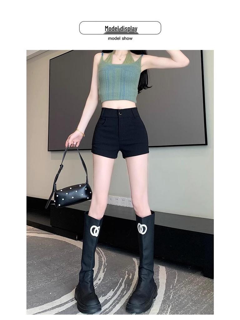 Черные шорты-костюм А-силуэта с высокой талией и эффектом похудения для женщин - Осенняя коллекция 2024